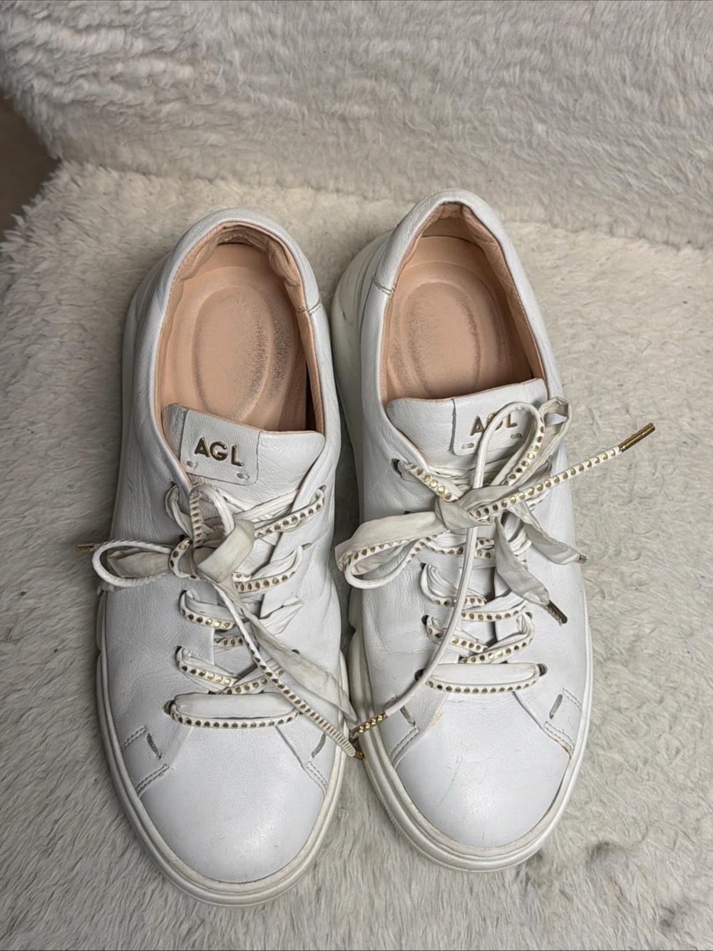 AGL Sheila White Leather chunky Sneakers with Gold Accents women’s size 8